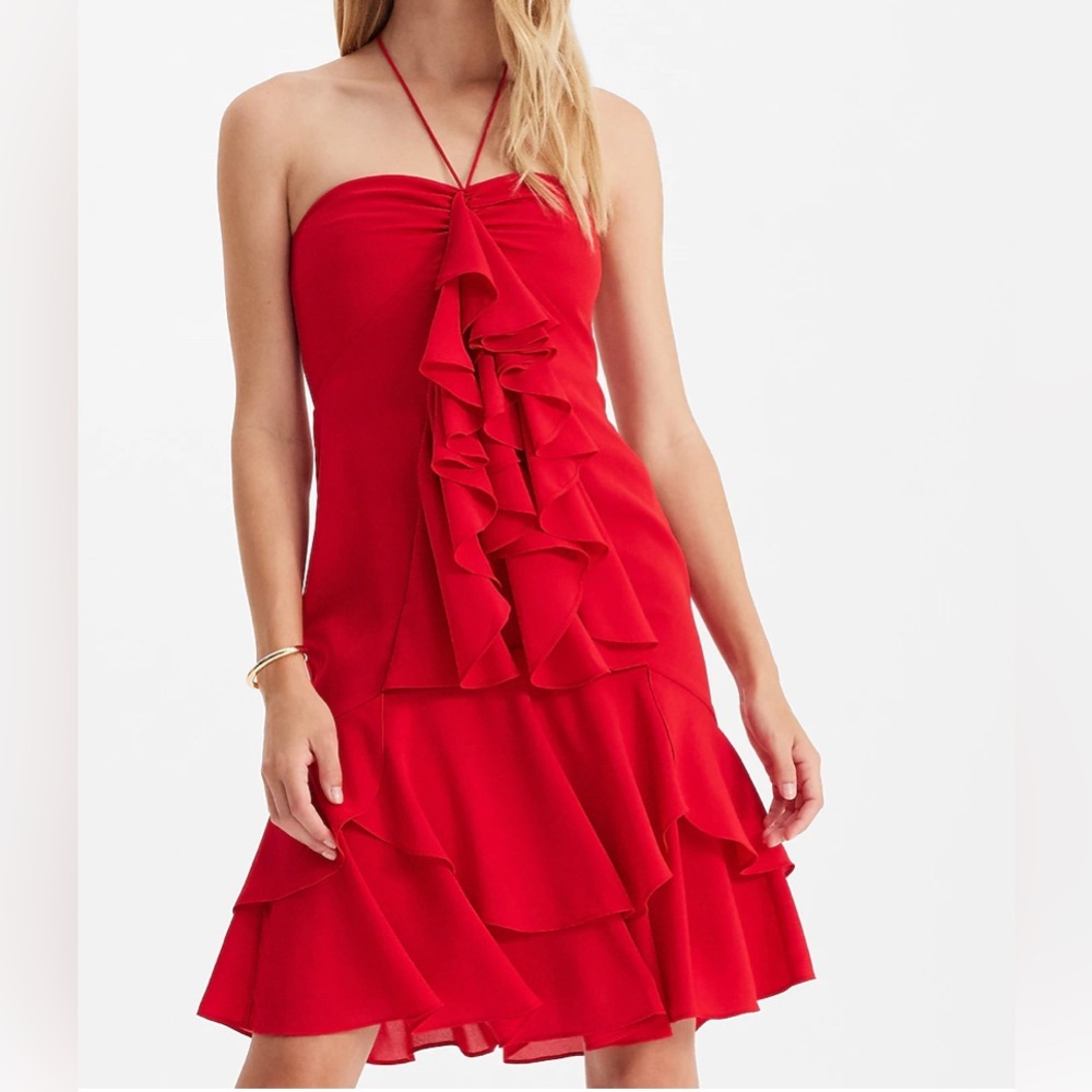 Red Hot Halter Neck Ruffle Mini Sheath Dress